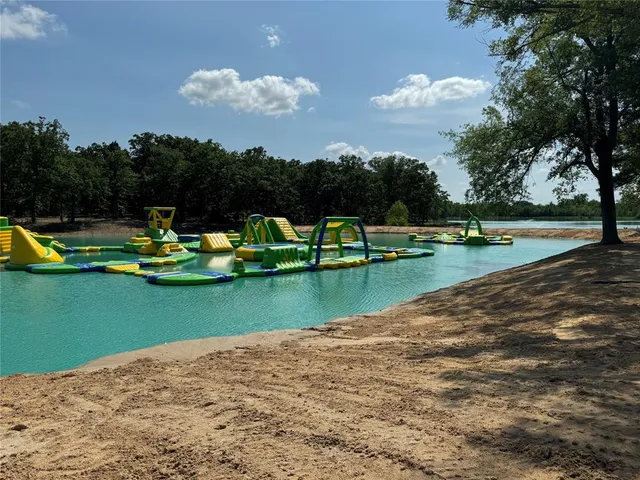 a green field with flowers in the background
