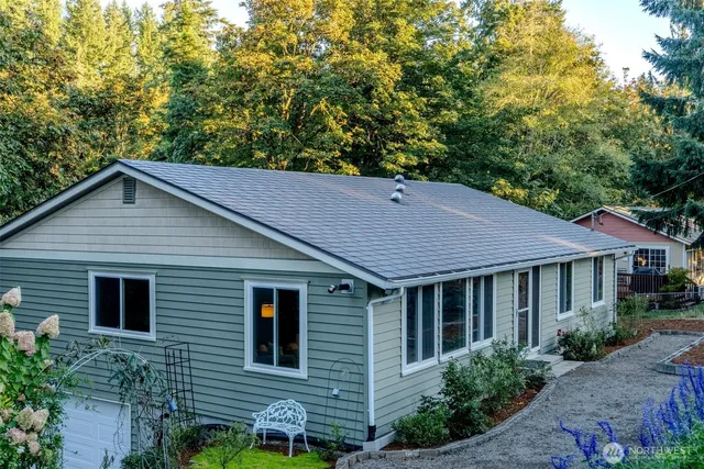 a backyard of a house with plants and tree