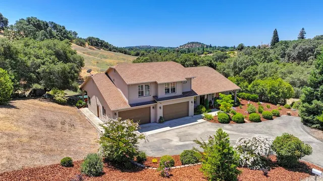 a aerial view of a house with a yard and a large tree