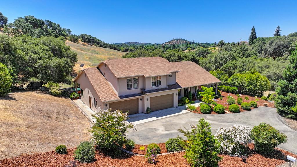 a aerial view of a house with a yard and a large tree