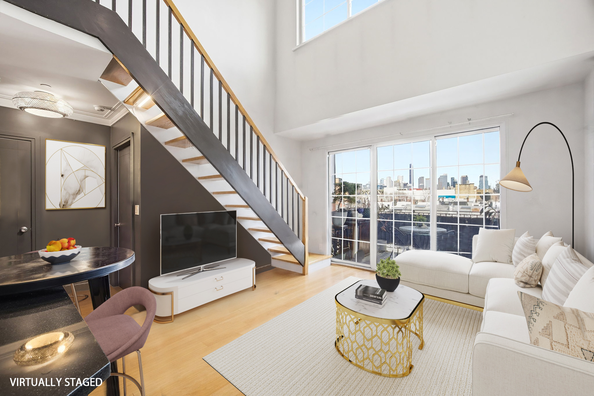a living room with furniture and a potted plant