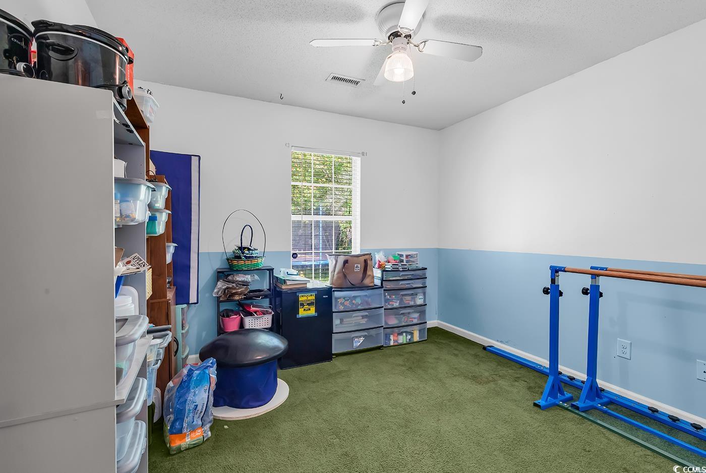 9450 Leeds Circle Myrtle Beach, SC 29588 - Photo 19 of 25 Recreation room with ceiling fan, a textured ceiling, carpet flooring, and visible vents