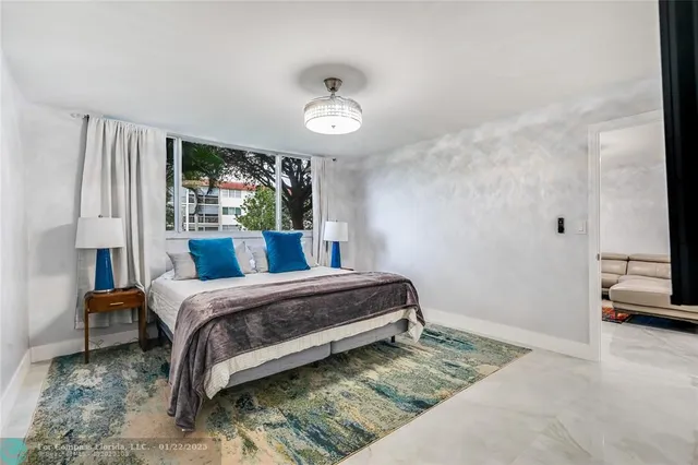 a bedroom with a bed and a large window