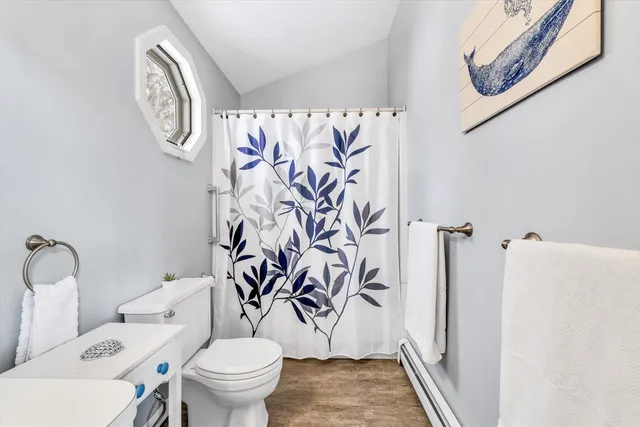 a bathroom with a toilet and a shower curtain