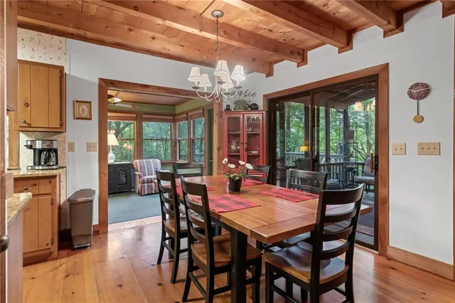 a view of a dining room with furniture window and outside view