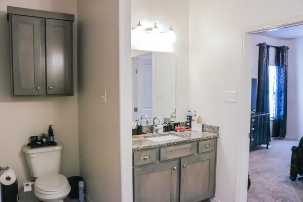 a bathroom with a toilet sink and mirror