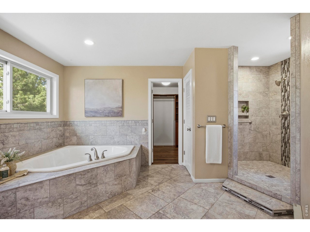 6925 Milner Mountain Ranch Road Fort Collins, CO 80526 - Photo 21 of 40 Spacious dual-head primary shower, designed open - glass enclosure not needed per the current owners.