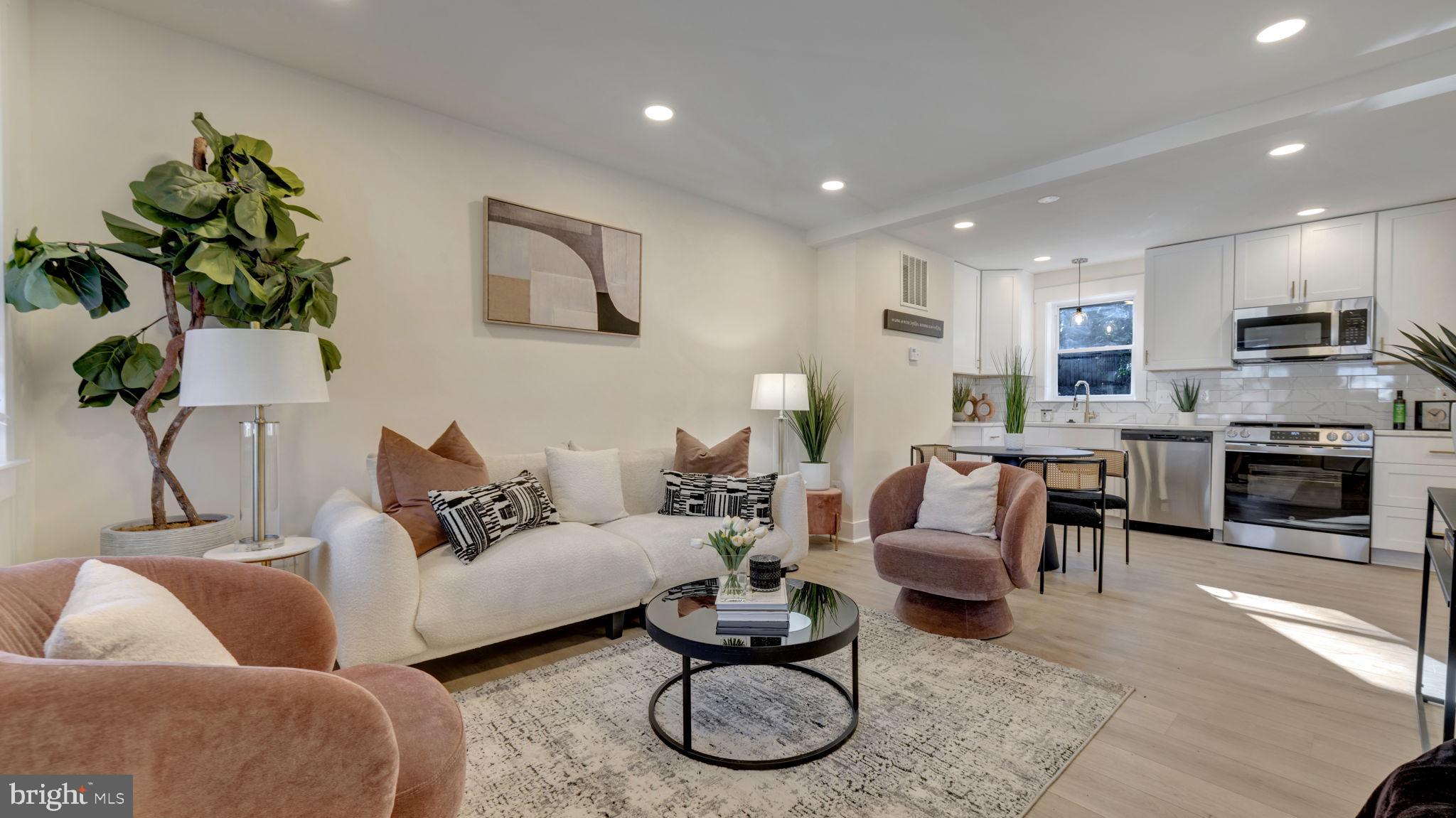 a living room with furniture a fireplace and a potted plant