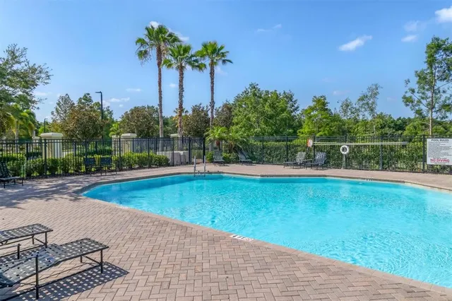 a view of a swimming pool with a yard and palm trees