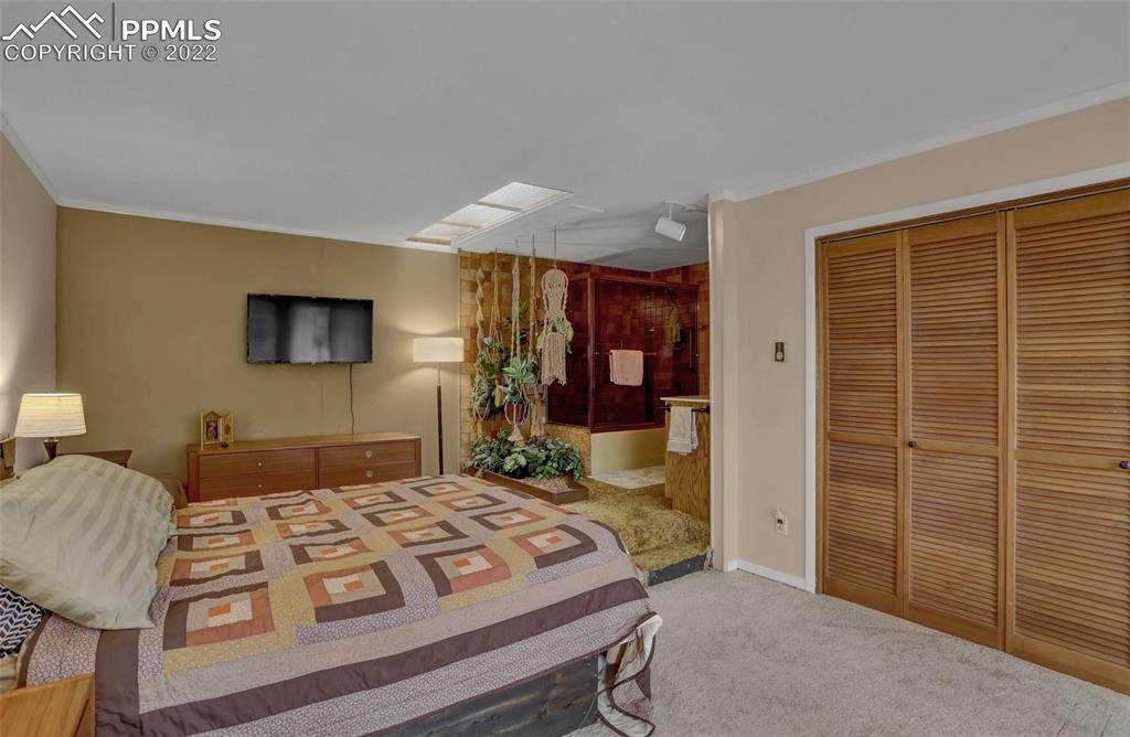 756 Spring Valley Drive Divide, CO 80814 - Photo 23 of 50 a bedroom with a bed a dresser and a large mirror