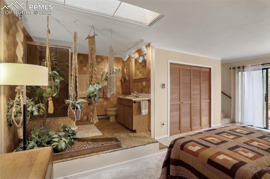 756 Spring Valley Drive Divide, CO 80814 - Photo 24 of 50 a bedroom with a large bed and a chandelier