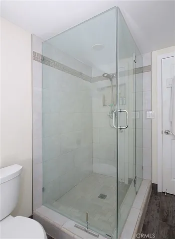 a bathroom with a shower and toilet