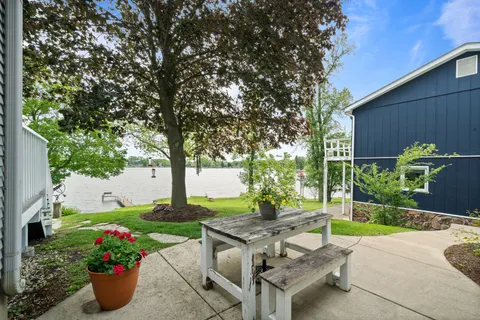 a garden view with a seating space