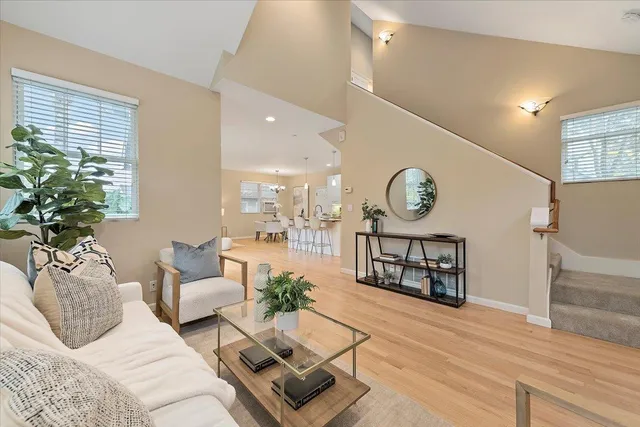 a living room with furniture a chandelier and a potted plant
