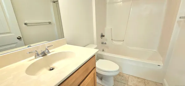 a bathroom with a bathtub shower sink vanity and a toilet