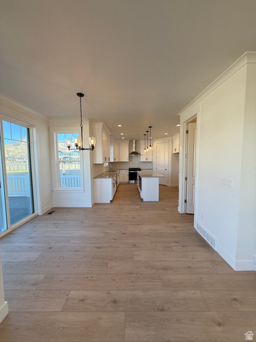 1142 West 220 North Mapleton, UT 84664 - Photo 23 of 26 Kitchen with hanging lights, a center island, open floor plan, white cabinetry, and black stove