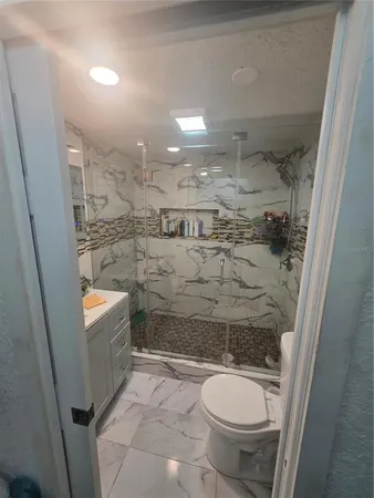 a bathroom with a sink a toilet and shower