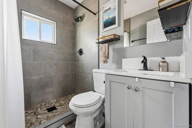 a bathroom with a sink a toilet and shower