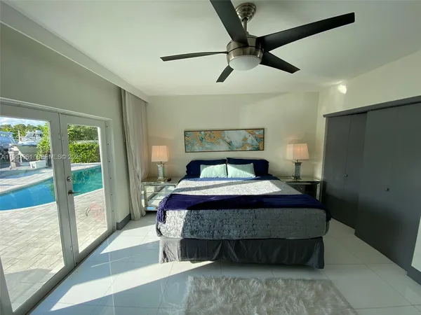 a bedroom with a bed and large window