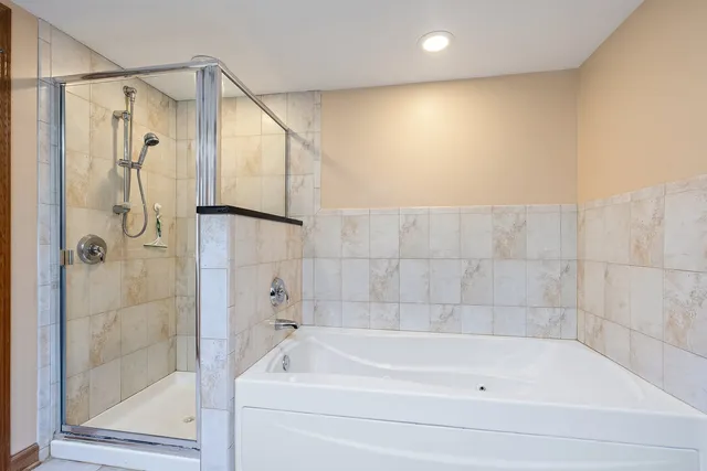 a bathroom with a bathtub and a shower