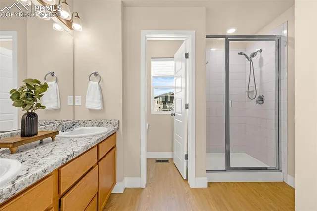 a bathroom with a granite countertop sink a mirror and a shower