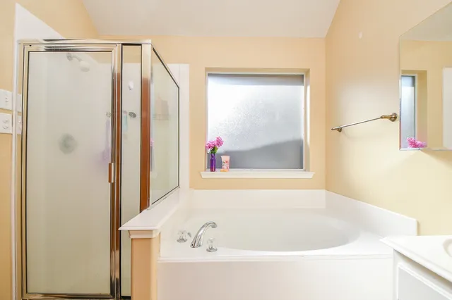 a bathroom with a bathtub sink and mirror