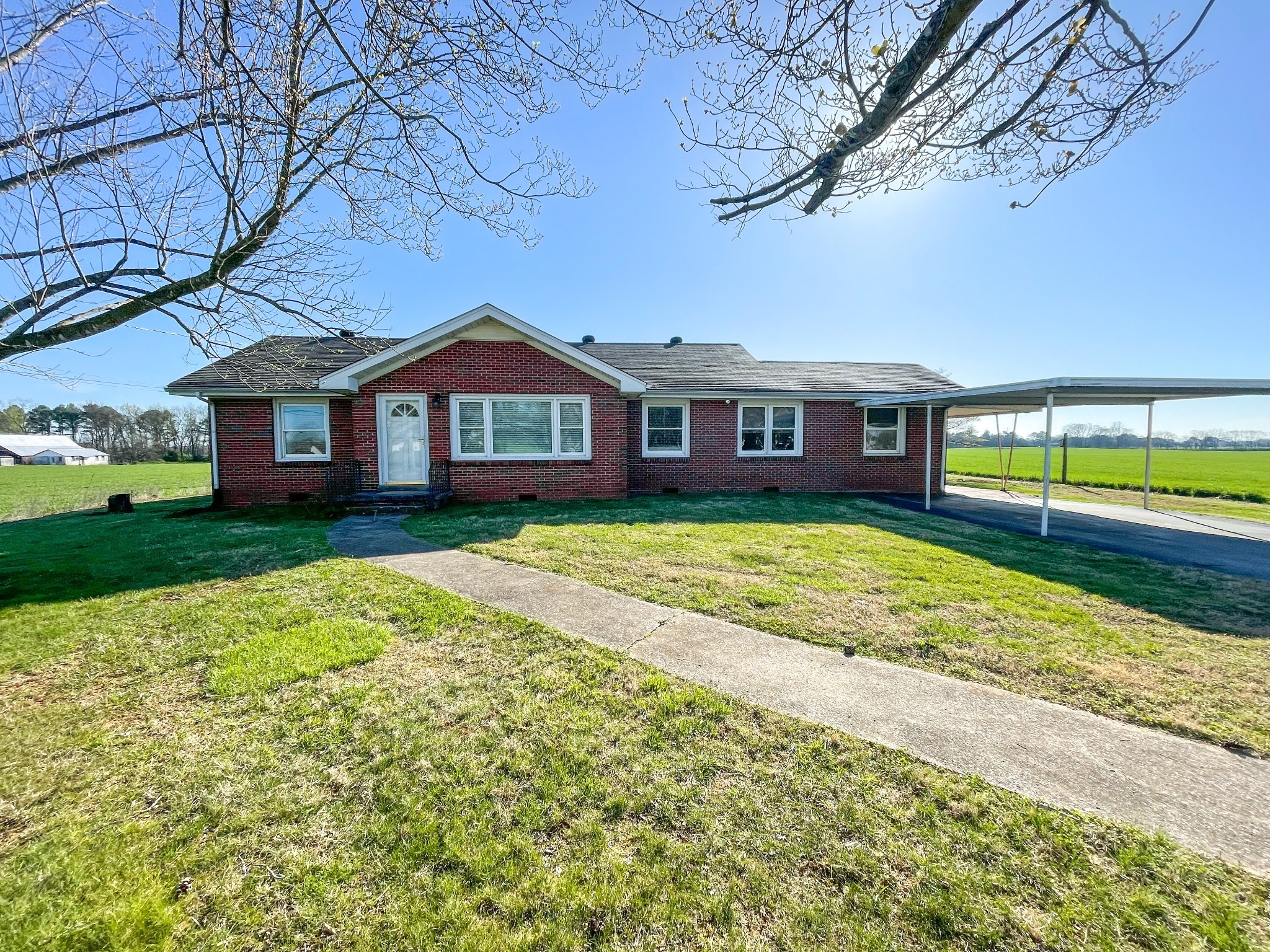 a front view of a house with a yard and potted plants