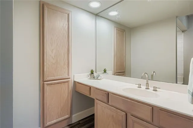 a bathroom with a sink and a mirror