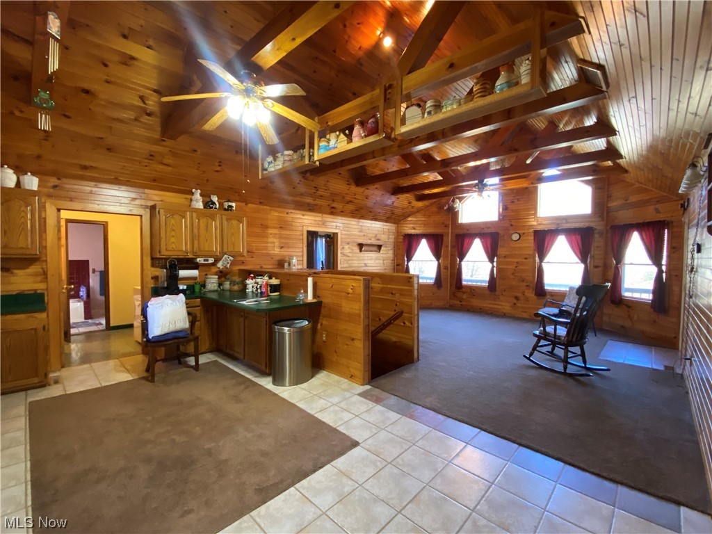 2008 Goose Creek Road Petroleum, WV 26161 - Photo 9 of 35 Kitchen featuring light carpet, wooden ceiling, lofted ceiling with beams, ceiling fan, and wood walls