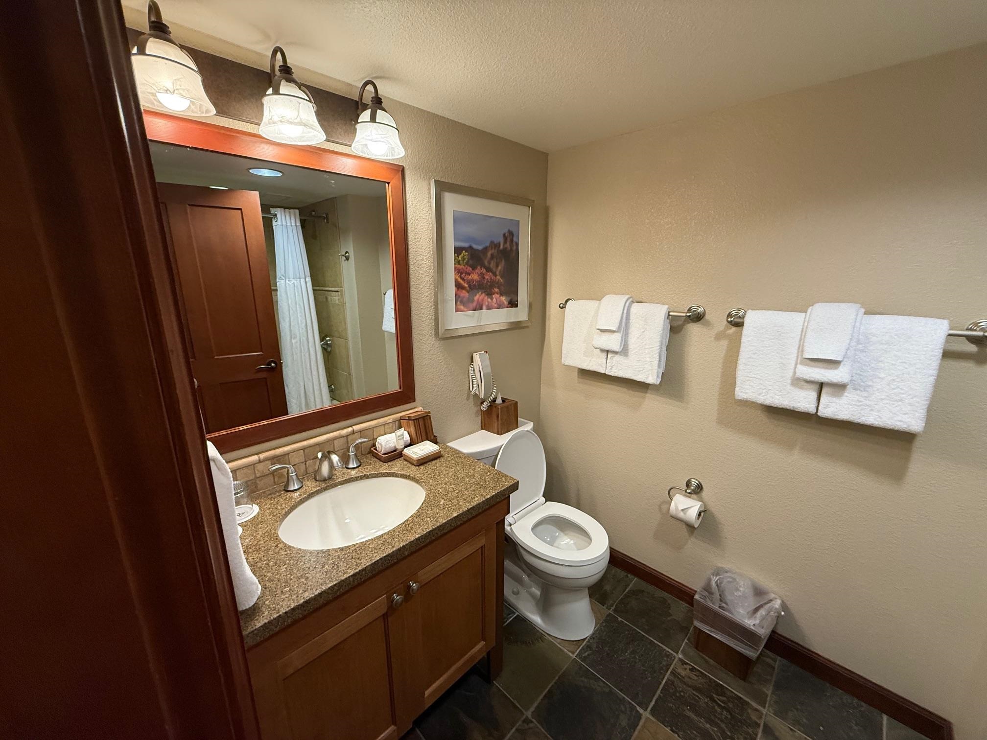 400 Resort Road, Unit 532 Olympic Valley, CA 96146 - Photo 7 of 21 a bathroom with a granite countertop toilet a sink and a mirror