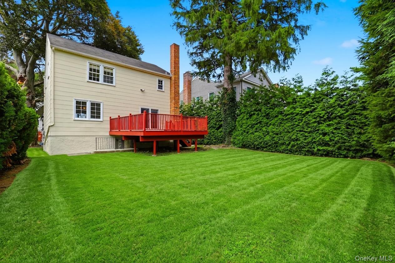 144 Bell Road Scarsdale, NY 10583 - Photo 39 of 49 Expansive green lawn with a red-painted wood deck and privacy hedging