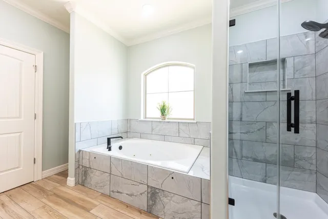 a bathroom with a bathtub and a shower