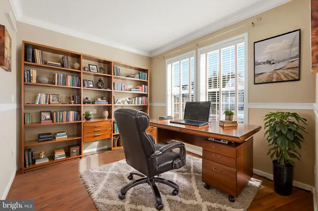 a view of a workspace with furniture and a potted plant