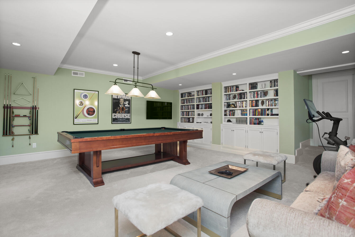 3 Half Mile Road Darien, CT 06820 - Photo 35 of 49 a living room with furniture a chandelier and pool table