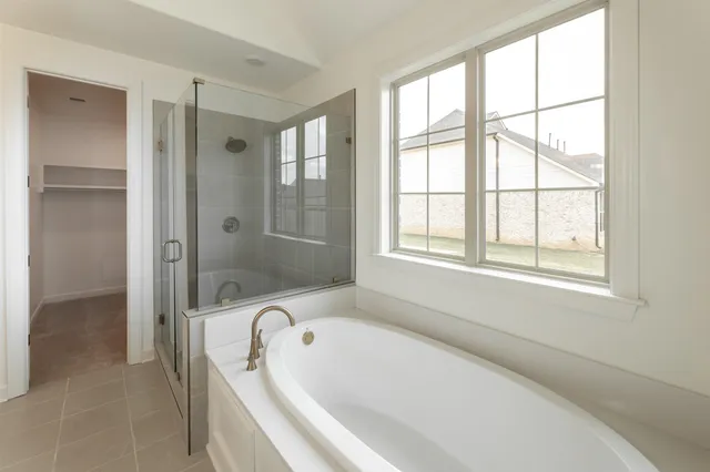 a bathroom with a bathtub and a shower