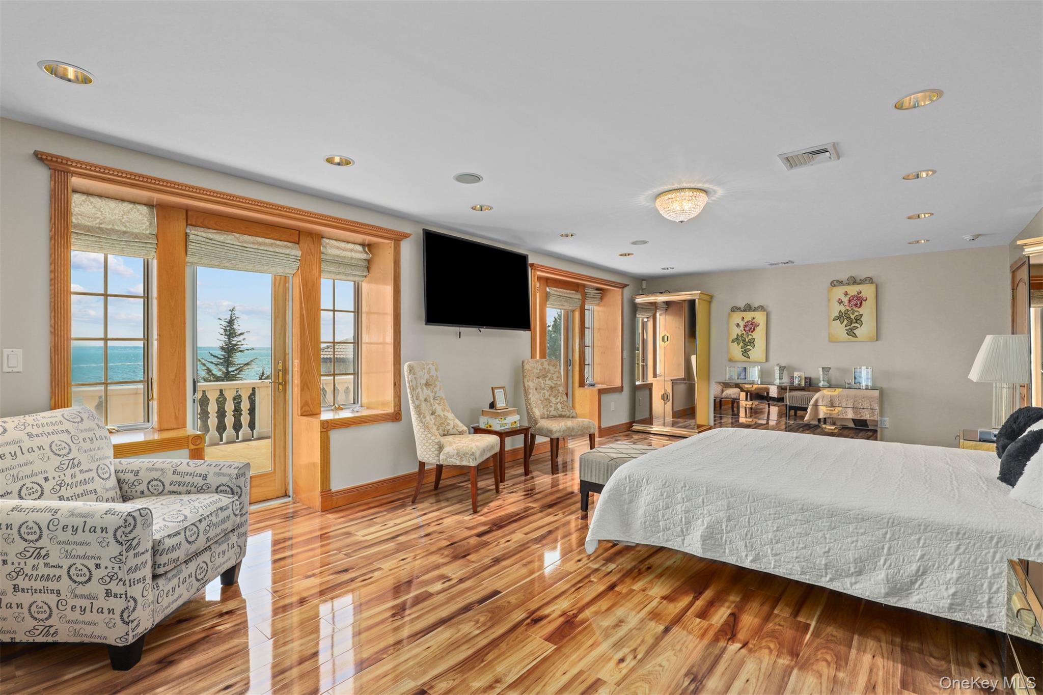 3407 Country Club Road Bronx, NY 10465 - Photo 22 of 34 Bedroom with baseboards, visible vents, recessed lighting, access to outside, and light wood-type flooring