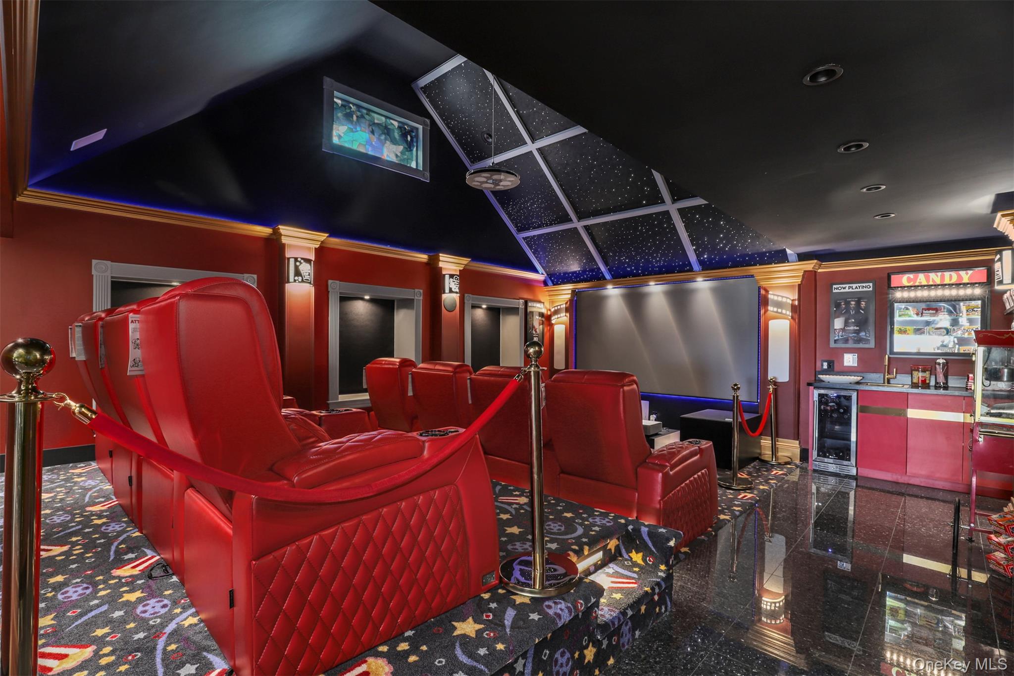 3407 Country Club Road Bronx, NY 10465 - Photo 30 of 34 Home theater room featuring granite finish floor, recessed lighting, decorative columns, wine cooler, and a community bar