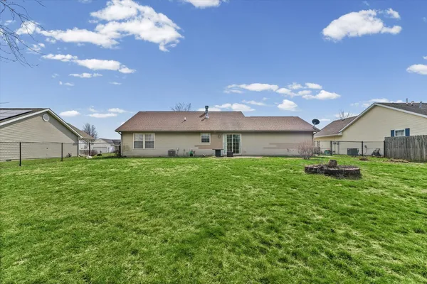 a aerial view of a house with a big yard plants and large tree