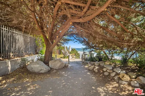 a view of a backyard with table and chairs and a large tree