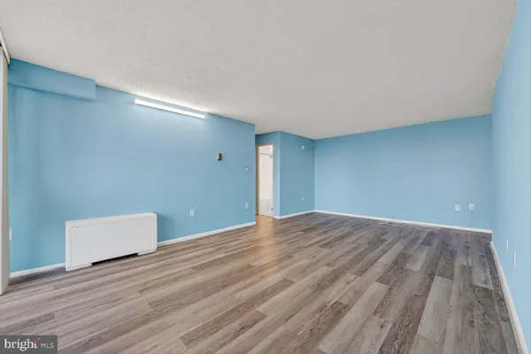 a view of an empty room and wooden floor