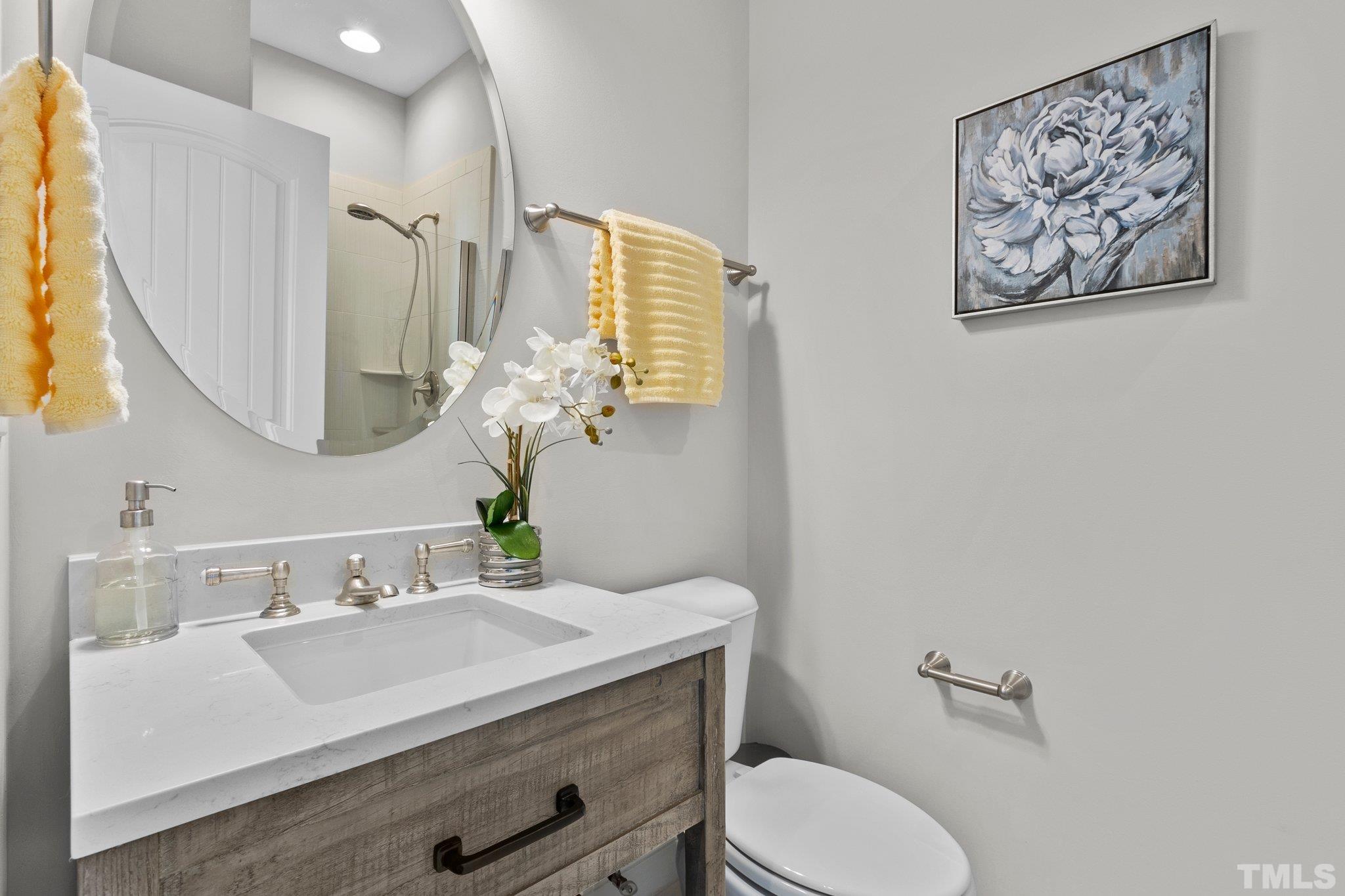 2830 Riley's Pond Drive Apex, NC 27502 - Photo 35 of 54 a bathroom with a granite countertop sink mirror and toilet