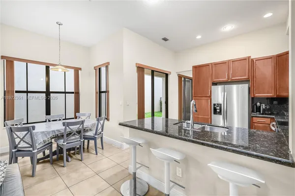 a view of a dining room with furniture window and outside view