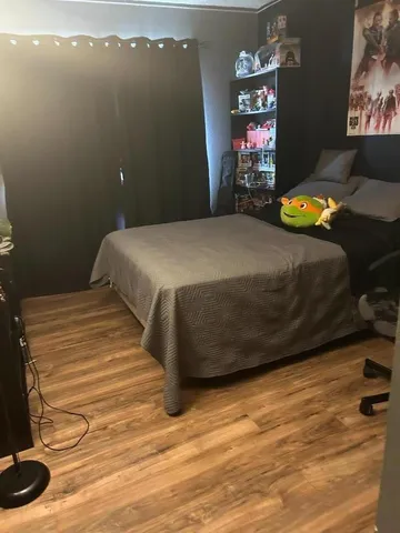 a bedroom with a bed and dresser