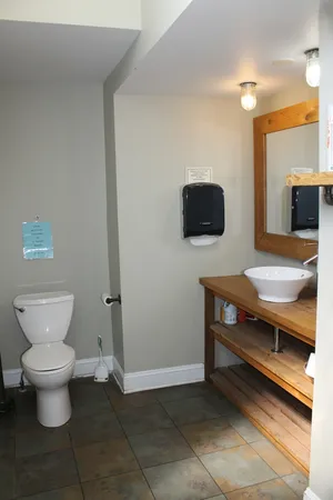 a bathroom with a toilet sink and mirror