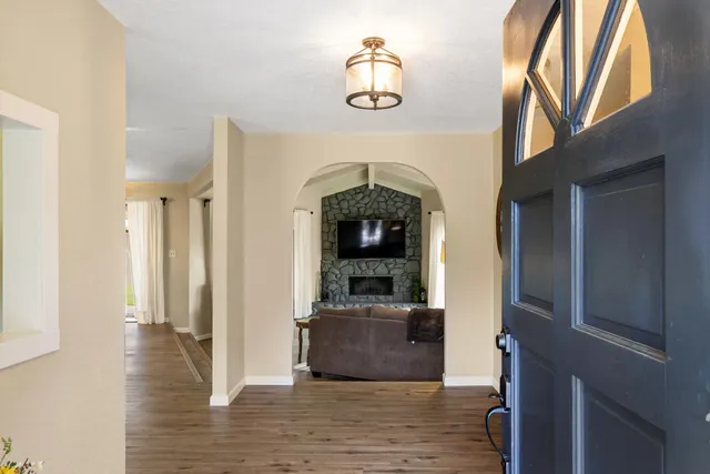 a view of a dining room with furniture