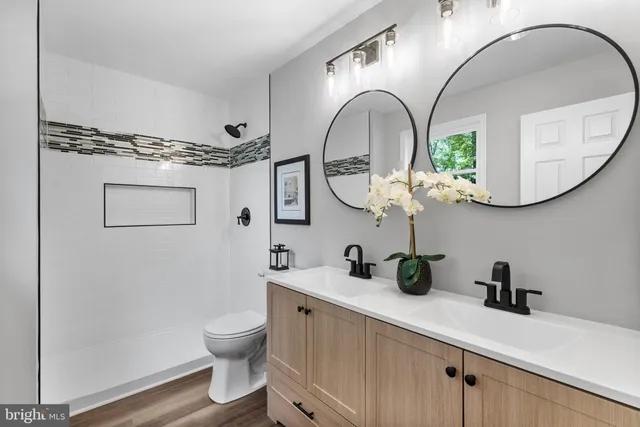 a bathroom with a double vanity sink mirror and toilet