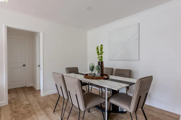 a view of a dining room with furniture