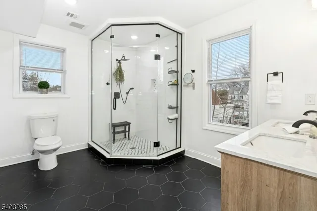 a bathroom with a sink a toilet and shower