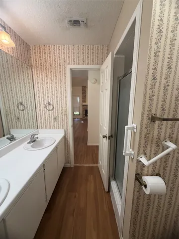 a bathroom with a sink a mirror and a shower