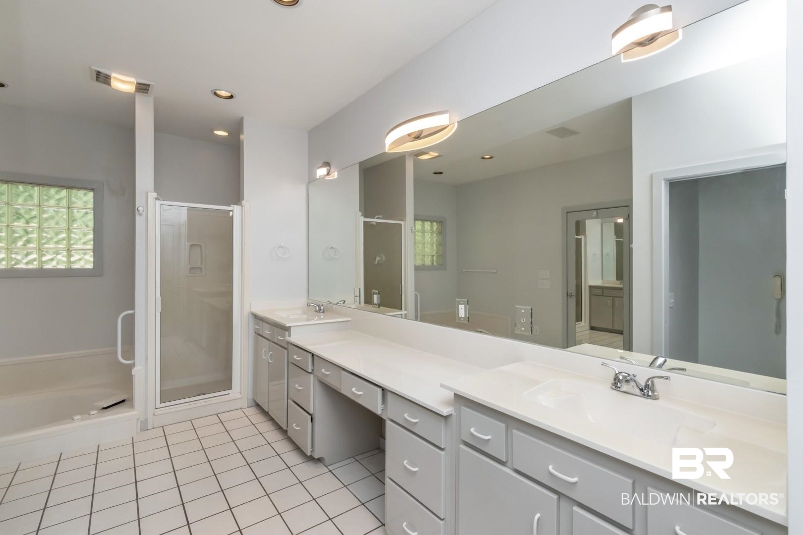1205 Hillcrest Crossing East Mobile, AL 36695 - Photo 27 of 40 Bathroom with walk in shower, tile patterned flooring, and double sink vanity